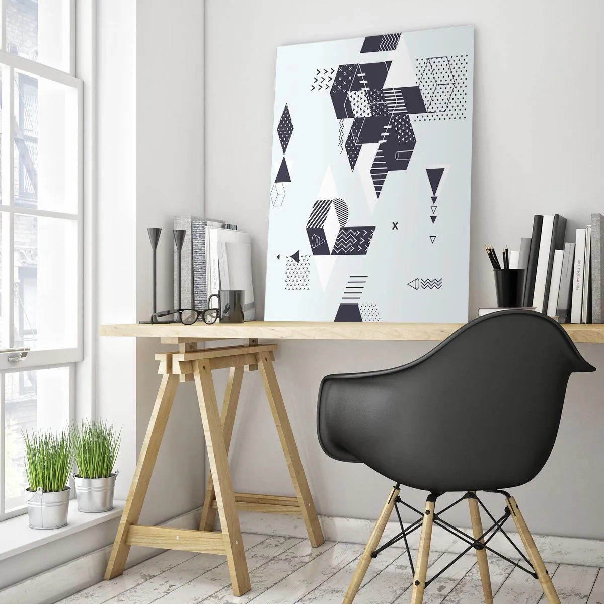 Quadro su vetro - Grafica geometrica moderna nei toni del bianco e del blu navy - 70x100cm - La matematica nell'anima - Decorazione murale moderna per soggiorno e camera da letto ARTTOR