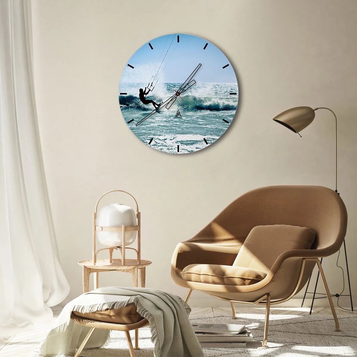 Orologio da parete - Orologio in Vetro - Kitesurfer che cavalca un'onda in una giornata di sole in riva al mare - 30x30cm - Fatti sollevare - Decorazione murale moderna per soggiorno, cucina e camera da letto ARTTOR