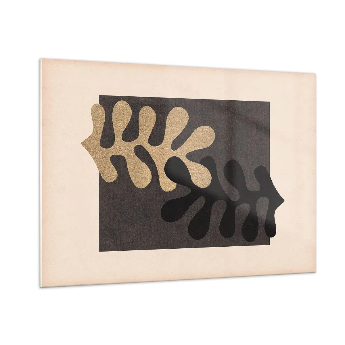 Quadro su vetro - Forme astratte in nero e beige su uno sfondo geometrico - 100x70cm - Assenza e completamento - Decorazione murale moderna per soggiorno e camera da letto ARTTOR