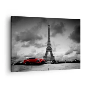 Quadro su tela - Stampe su Tela - Auto retrò rossa davanti alla Torre Eiffel in bianco e nero - 70x50cm - Non molto tempo fa a Parigi - Decorazione murale moderna per soggiorno e camera da letto ARTTOR