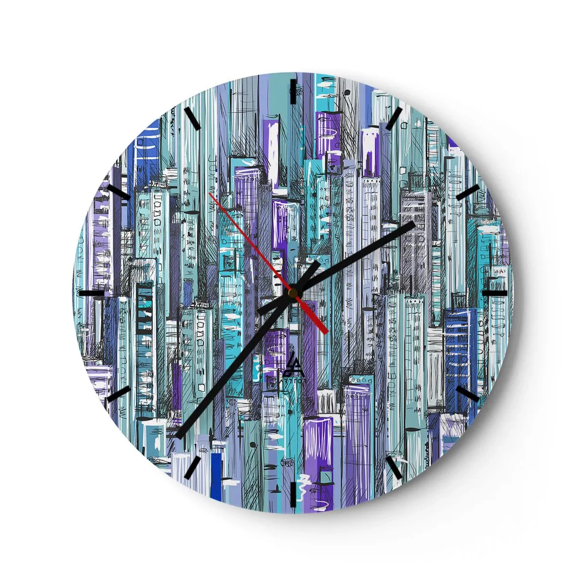 Orologio da parete - Orologio in Vetro - Grattacieli grafici nei toni del blu e del viola - 30x30cm - Bluastri dal cielo - Decorazione murale moderna per soggiorno, cucina e camera da letto ARTTOR