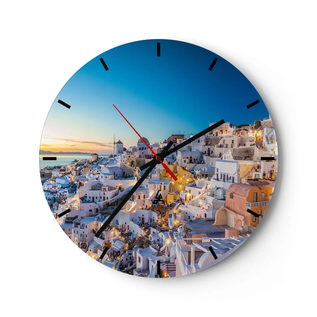 Orologio da parete - Orologio in Vetro - Vista serale di un pittoresco villaggio greco con case bianche - 30x30cm - Essenza della grecità - Decorazione murale moderna per soggiorno, cucina e camera da letto ARTTOR