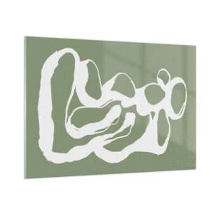 Quadro su vetro - Forma organica bianca astratta su sfondo oliva - 100x70cm - Il richiamo dello spazio - Decorazione murale moderna per soggiorno e camera da letto ARTTOR