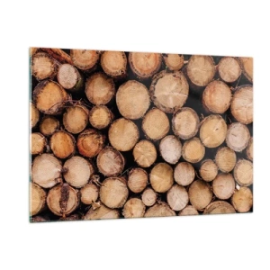 Quadro su vetro - Tronchi d'albero disposti verticalmente con anelli di crescita visibili - 120x80cm - Nuovo inizio - Decorazione murale moderna per soggiorno e camera da letto ARTTOR