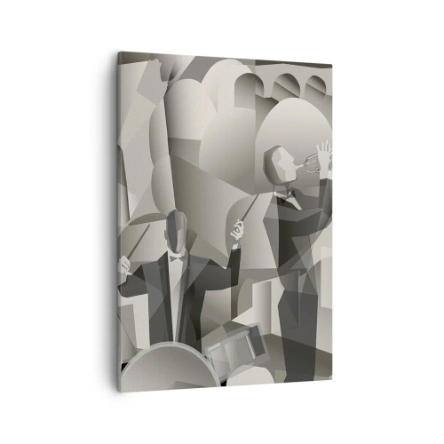 Quadro su tela - Stampe su Tela - Scena astratta con musicisti jazz in tonalità di grigio. - 50x70cm - Nello spazio dei suono - Decorazione murale moderna per soggiorno e camera da letto ARTTOR