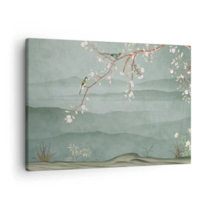 Quadro su tela - Stampe su Tela - Un'immagine pittoresca di un ramo di albero fiorito con uccelli sullo sfondo di verdi colline. - 70x50cm - Eccoti primavera - Decorazione murale moderna per soggiorno e camera da letto ARTTOR
