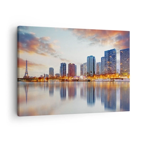 Quadro su tela - Stampe su Tela - Panorama di edifici moderni e della Torre Eiffel sull'acqua - 70x50cm - La pace monumentale di Parigi - Decorazione murale moderna per soggiorno e camera da letto ARTTOR