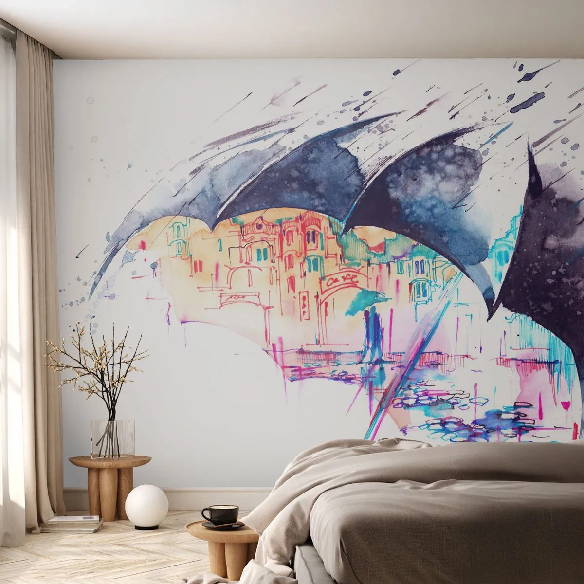 Fotomurali Premium Canvas - Passeggiata sotto la pioggia - Astrazione, Ombrello, Architettura - 250x175 cm