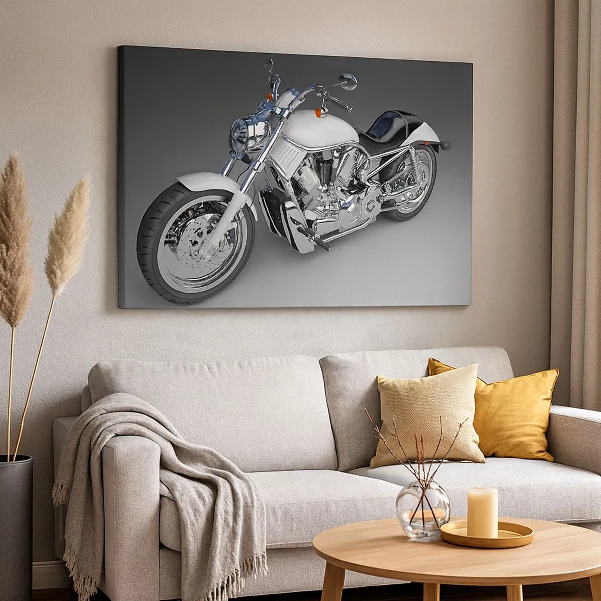 Quadro su tela - Stampe su Tela - Motocicletta cruiser bianca su sfondo grigio - 70x50cm - Viene voglia di inginocchiarsi - Decorazione murale moderna per soggiorno e camera da letto ARTTOR