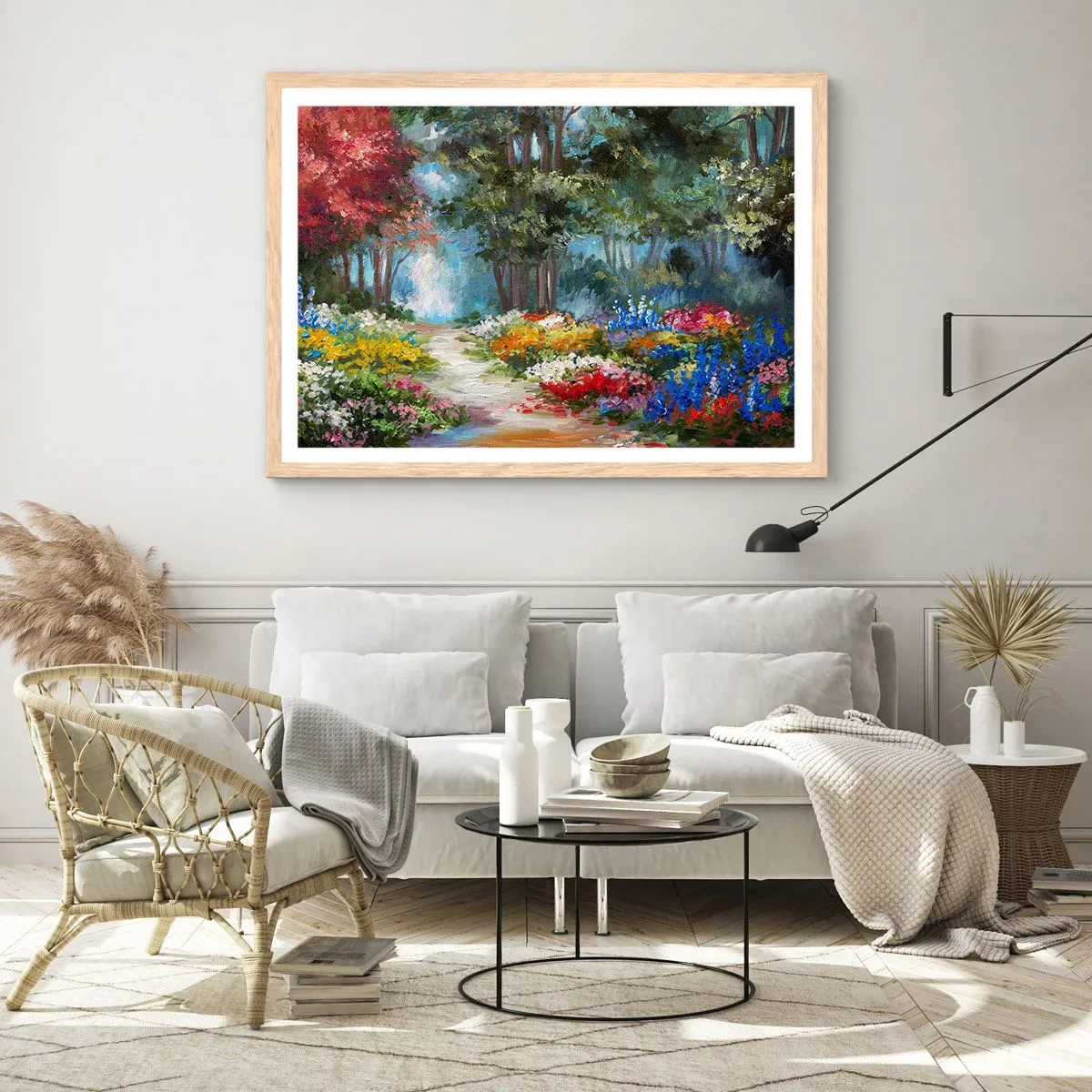 Poster in cornice rovere chiaro - Il giardino del bosco d'aprile - 100x70 cm