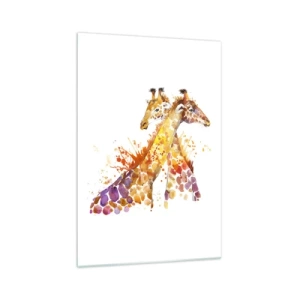 Quadro su vetro - Giraffe acquerellate in tonalità colorate - 70x100cm - È amicizia o amore? - Decorazione murale moderna per soggiorno e camera da letto ARTTOR