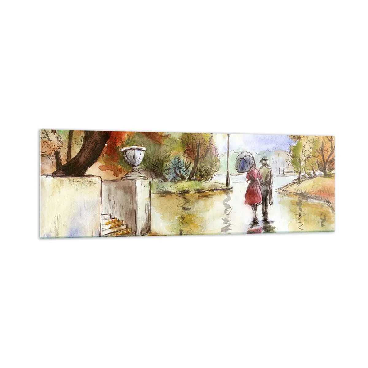 Quadro su vetro - Una passeggiata nel parco autunnale con l'ombrello - 160x50cm - Autunno romantico nel parco - Decorazione murale moderna per soggiorno e camera da letto ARTTOR