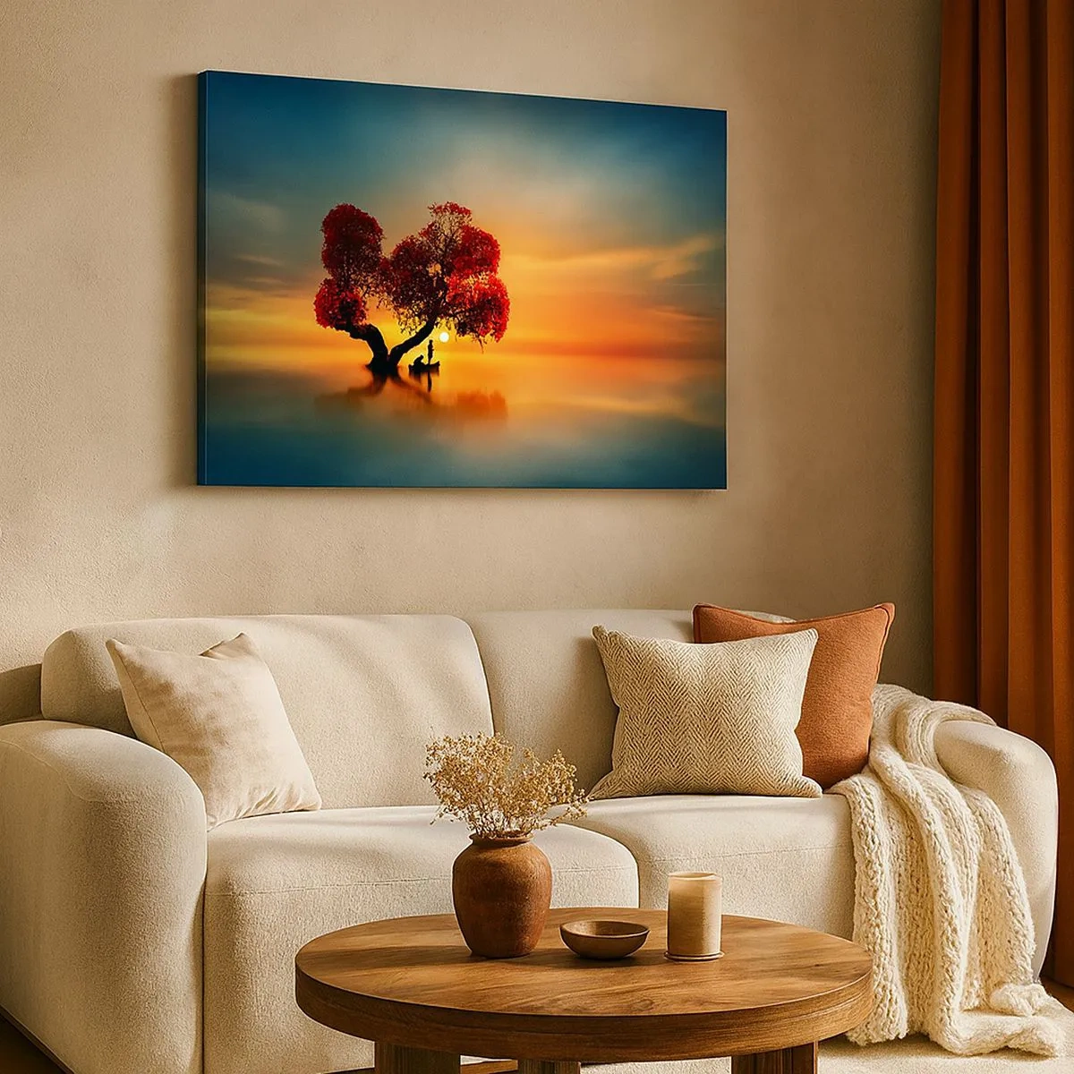 Quadro su tela - Stampe su Tela - Un albero dalle foglie rosse e una barca sull'acqua al tramonto - 70x50cm - Gli esiliati e il silenzio fuori dal mondo - Decorazione murale moderna per soggiorno e camera da letto ARTTOR