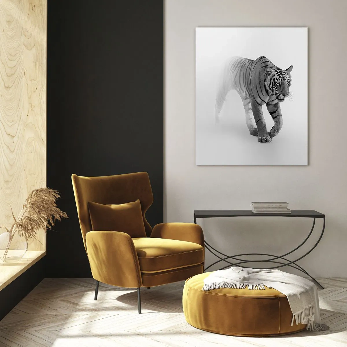 Quadro su vetro - Una tigre che emerge dalla nebbia - 70x100cm - Incantato nella nebbia - Decorazione murale moderna per soggiorno e camera da letto ARTTOR