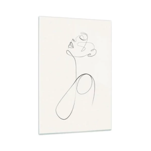 Quadro su vetro - Schizzo del viso in stile minimalista su sfondo bianco - 70x100cm - Avvolta nei sogni - Decorazione murale moderna per soggiorno e camera da letto ARTTOR