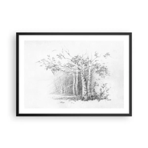 Poster in cornice nera - Un disegno di una foresta di betulle in un sottile schizzo a matita - 70x50cm - La luce della foresta di betulle - Decorazione murale moderna per soggiorno e camera da letto ARTTOR