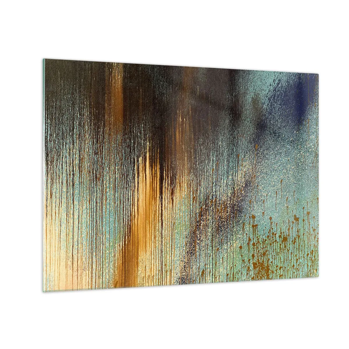 Quadro su vetro - Linee astratte e macchie in oro, blu e nero - 70x50cm - Composizione cromatica non casuale - Decorazione murale moderna per soggiorno e camera da letto ARTTOR