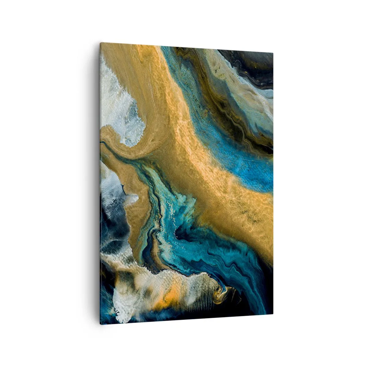 Quadro su tela - Stampe su Tela - Onde astratte nei toni dell'oro e del blu - 70x100cm - Blu-oro: influenza reciproca - Decorazione murale moderna per soggiorno e camera da letto ARTTOR