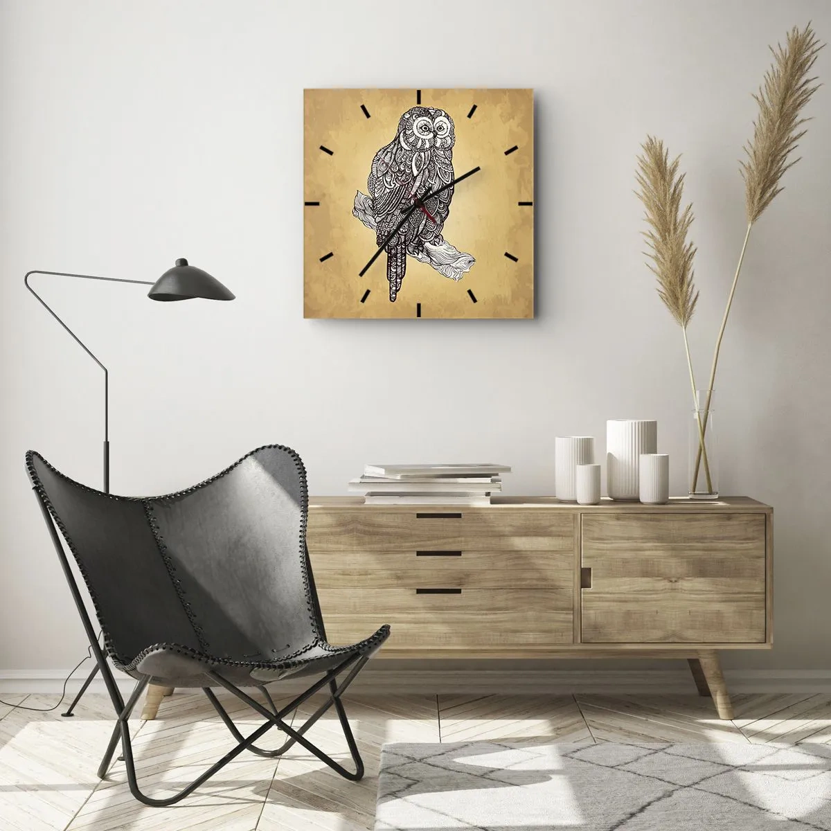 Orologio da parete - Orologio in Vetro - Un gufo in stile ornamentale su uno sfondo beige - 30x30cm - Delicati ghirigori di saggezza - Decorazione murale moderna per soggiorno e camera da letto ARTTOR