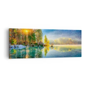 Quadro su tela - Stampe su Tela - Un lago circondato da montagne e foreste sotto i raggi del sole - 140x50cm - Maestà e dolcezza - Decorazione murale moderna per soggiorno e camera da letto ARTTOR