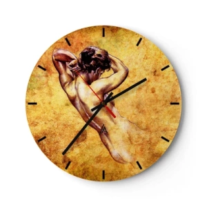 Orologio da parete - Orologio in Vetro - Un motivo artistico di una silhouette femminile su uno sfondo nei toni dell'oro. - 30x30cm - Nuda, ma sempre misteriosa - Decorazione murale moderna per soggiorno, cucina e camera da letto ARTTOR