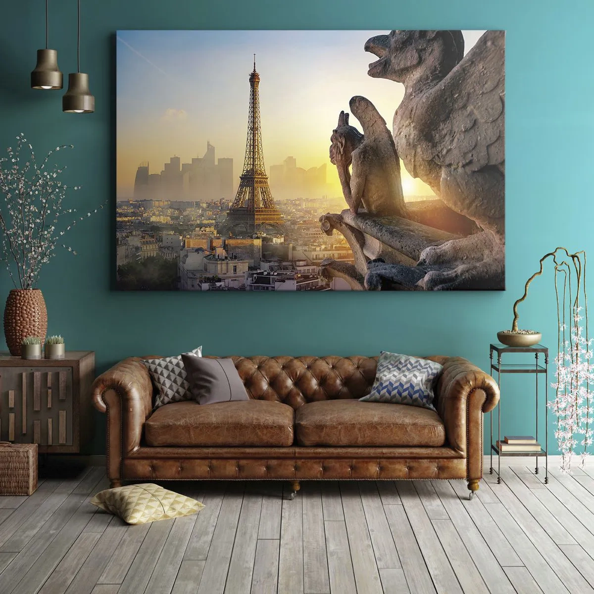 Quadro su tela - Stampe su Tela - Vista della Torre Eiffel con i gargoyle sullo sfondo - 120x80cm - Tante cose sono cambiate... - Decorazione murale moderna per soggiorno e camera da letto ARTTOR