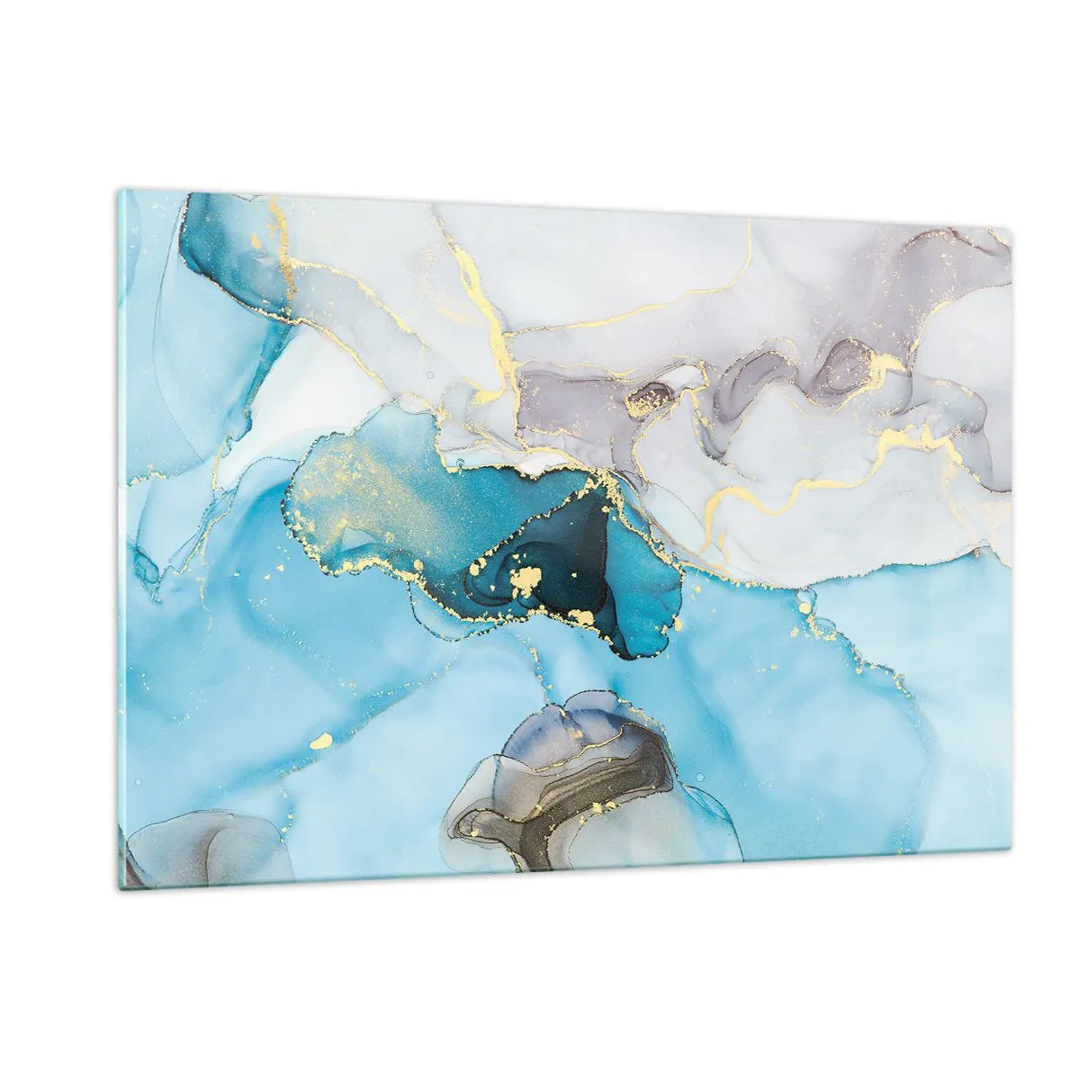 Quadro su vetro - Onde turchesi e grigie con accenti dorati - 120x80cm - Studio di incontro tra grigio e turchese - Decorazione murale moderna per soggiorno e camera da letto ARTTOR