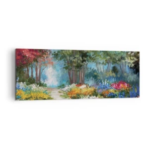 Quadro su tela - Stampe su Tela - Un pittoresco giardino pieno di fiori e alberi colorati in un ambiente boschivo - 140x50cm - Il giardino del bosco d'aprile - Decorazione murale moderna per soggiorno e camera da letto ARTTOR
