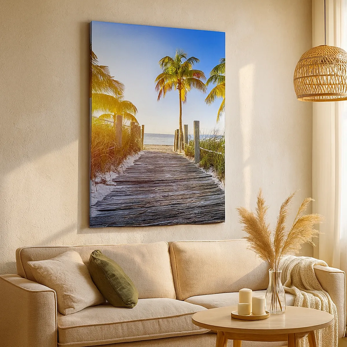 Quadro su tela - Stampe su Tela - Sentiero in legno sulla spiaggia con palme sullo sfondo - 50x70cm - Dritto in paradiso - Decorazione murale moderna per soggiorno e camera da letto ARTTOR