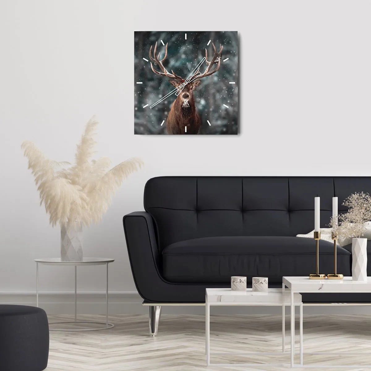 Orologio da parete - Orologio in Vetro - Cervi in una foresta invernale con neve che cade - 30x30cm - Il re del bosco incoronato - Decorazione murale moderna per soggiorno e camera da letto ARTTOR