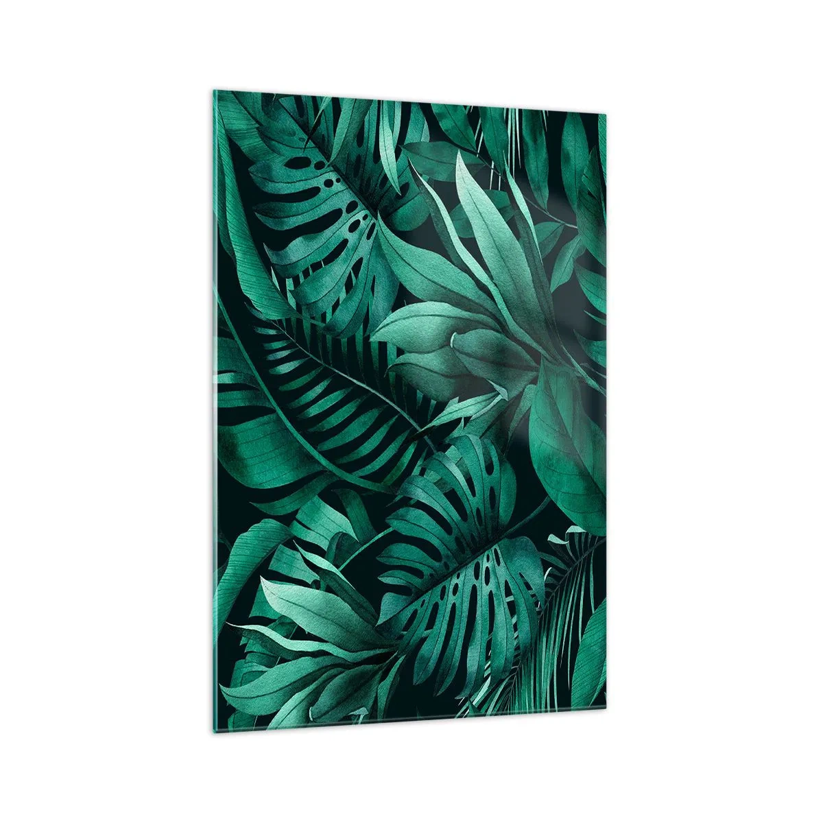 Quadro su vetro - Foglie tropicali in tonalità di verde intenso - 70x100cm - Dal profondo del verde tropicale - Decorazione murale moderna per soggiorno e camera da letto ARTTOR