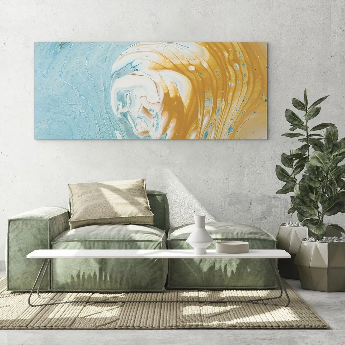Quadro su vetro - Onde astratte nei toni del blu e dell'oro su tela - 120x50cm - Vortice pastello - Decorazione murale moderna per soggiorno e camera da letto ARTTOR