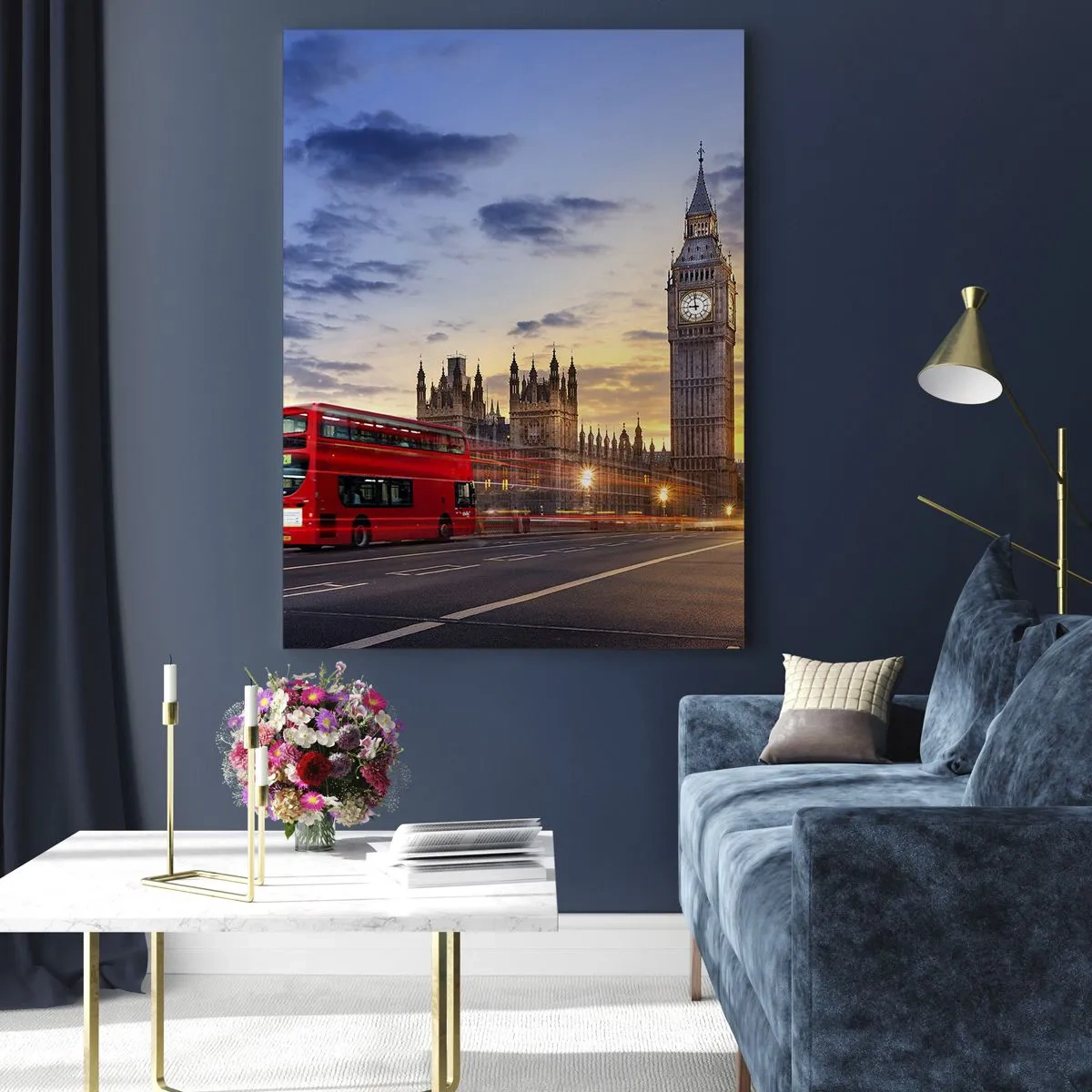 Quadro su vetro - Il Big Ben e l'autobus rosso a Londra al tramonto - 50x70cm - Segni particolari - Decorazione murale moderna per soggiorno e camera da letto ARTTOR