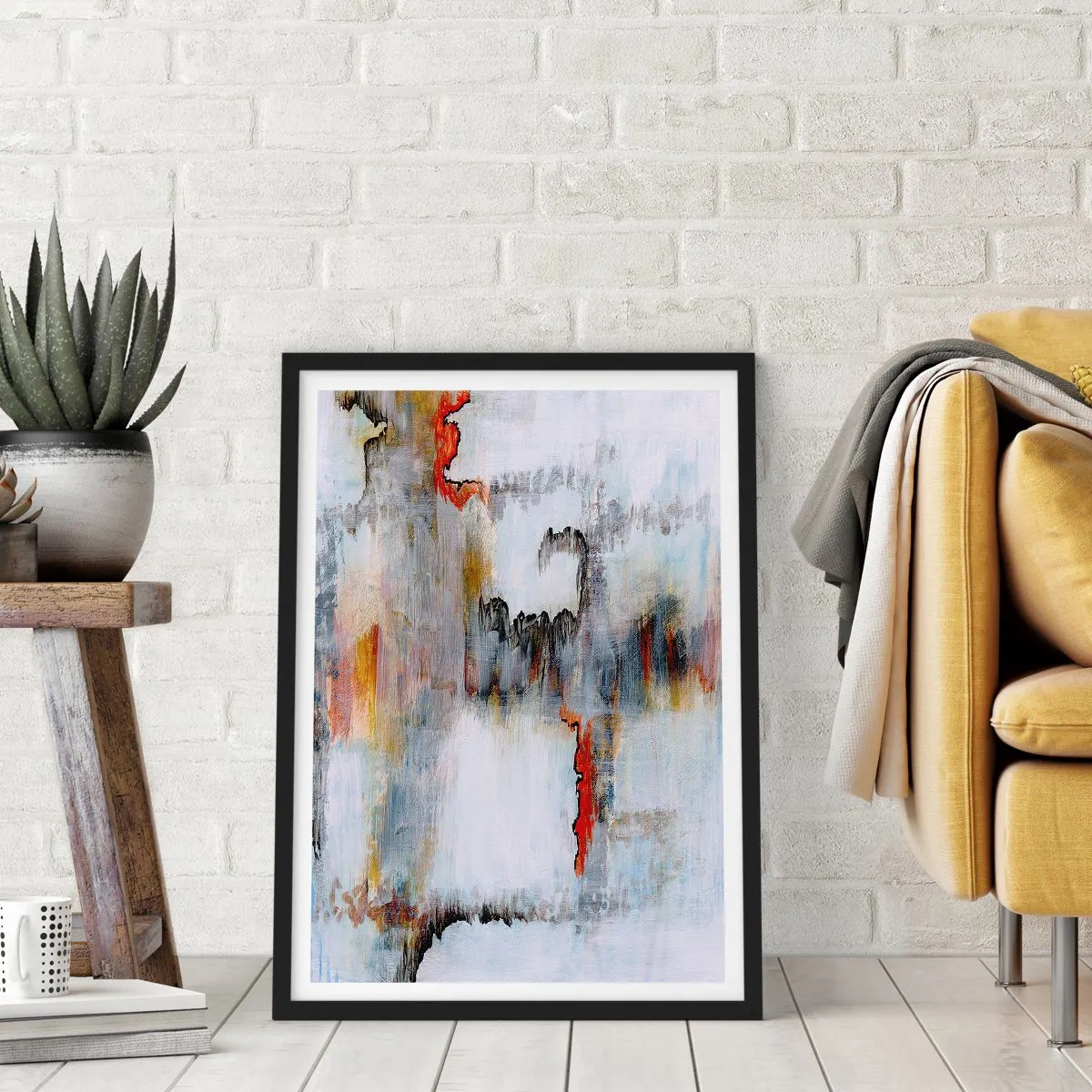 Poster in cornice nera - Una composizione astratta con sfumature di grigio e accenti rossi. - 50x70cm - Scritto sull'acqua - Decorazione murale moderna per soggiorno e camera da letto ARTTOR