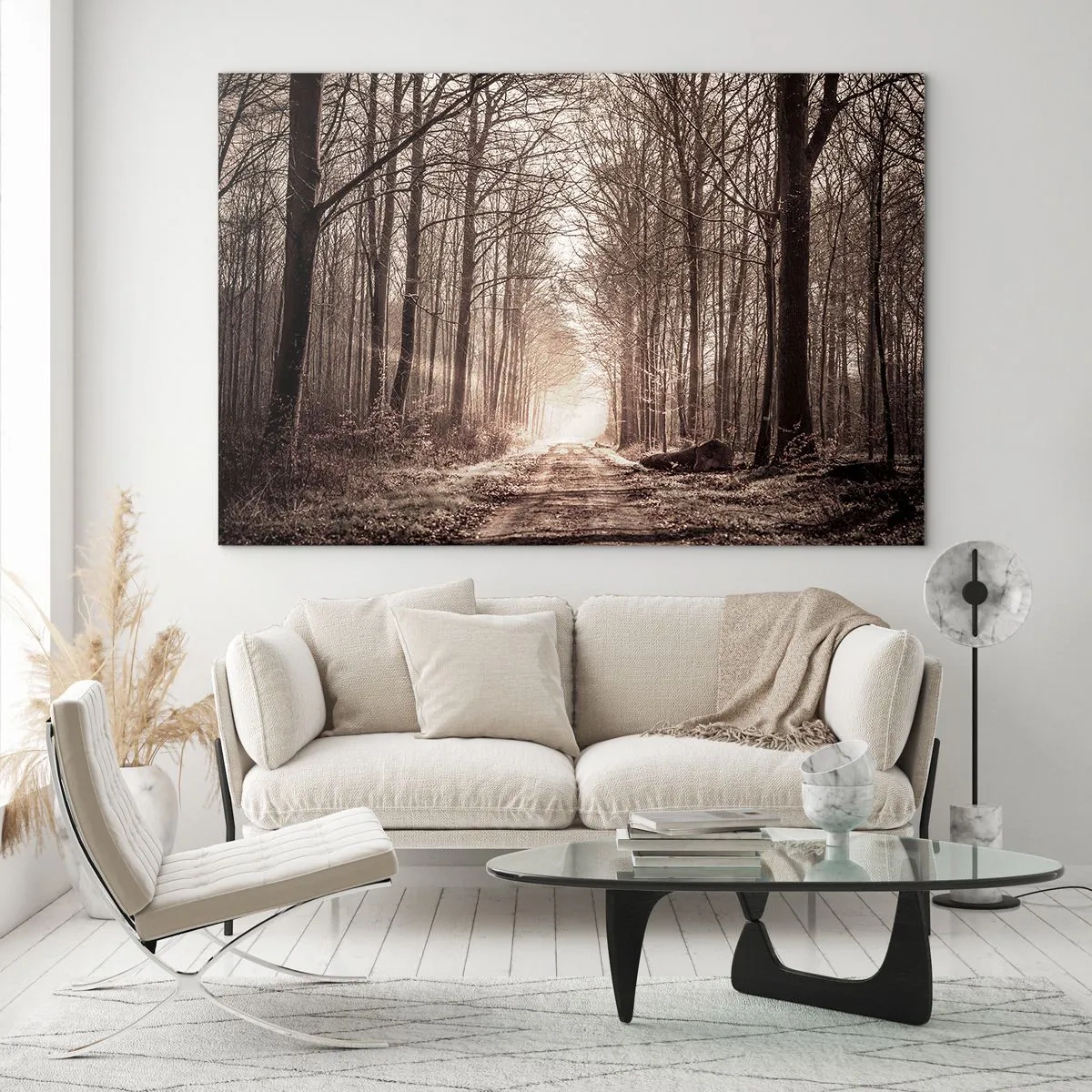 Quadro su vetro - Strada forestale nella nebbia mattutina - 120x80cm - La cattedrale del bosco - Decorazione murale moderna per soggiorno e camera da letto ARTTOR
