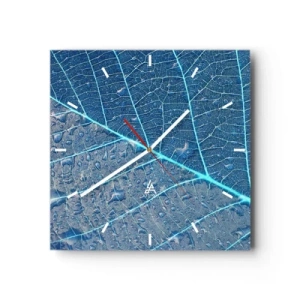 Orologio da parete - Orologio in Vetro - Una foglia nei toni del blu con gocce d'acqua - 30x30cm - Vita nel blu - Decorazione murale moderna per soggiorno e camera da letto ARTTOR
