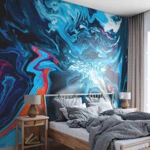 Fotomurali Premium Canvas - Un motivo astratto nelle tonalità del blu con accenti arancioni. - 100x70cm - Viaggio al centro del cielo - Decorazione murale moderna per soggiorno e camera da letto ARTTOR