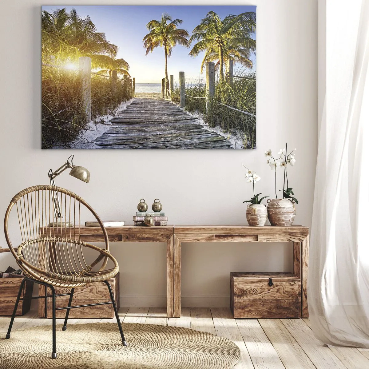 Quadro su tela - Stampe su Tela - Sentiero in legno sulla spiaggia con palme sullo sfondo - 70x50cm - Dritto in paradiso - Decorazione murale moderna per soggiorno e camera da letto ARTTOR