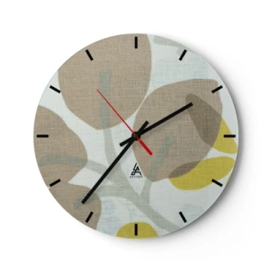 Orologio da parete - Orologio in Vetro - Foglie pastello e accenti gialli su uno sfondo con texture in lino - 30x30cm - Composizione sotto al sole - Decorazione murale moderna per soggiorno, cucina e camera da letto ARTTOR