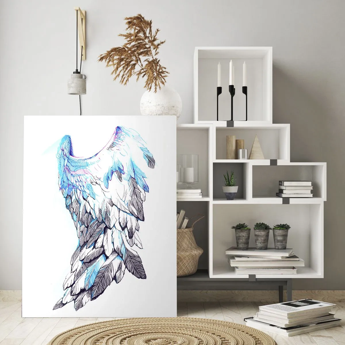 Quadro su vetro - Ali d'angelo nei toni del blu e del grigio - 50x70cm - Mi servono le ali - Decorazione murale moderna per soggiorno e camera da letto ARTTOR