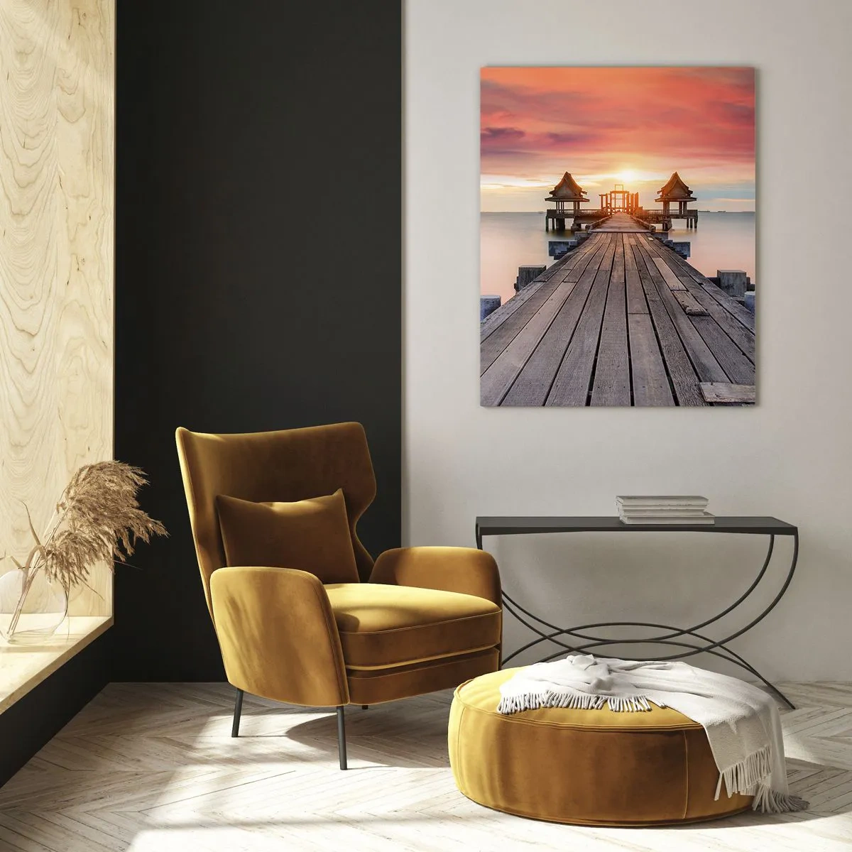 Quadro su vetro - Molo di legno che conduce ai gazebo al tramonto - 80x120cm - Tramonto d'oriente - Decorazione murale moderna per soggiorno e camera da letto ARTTOR