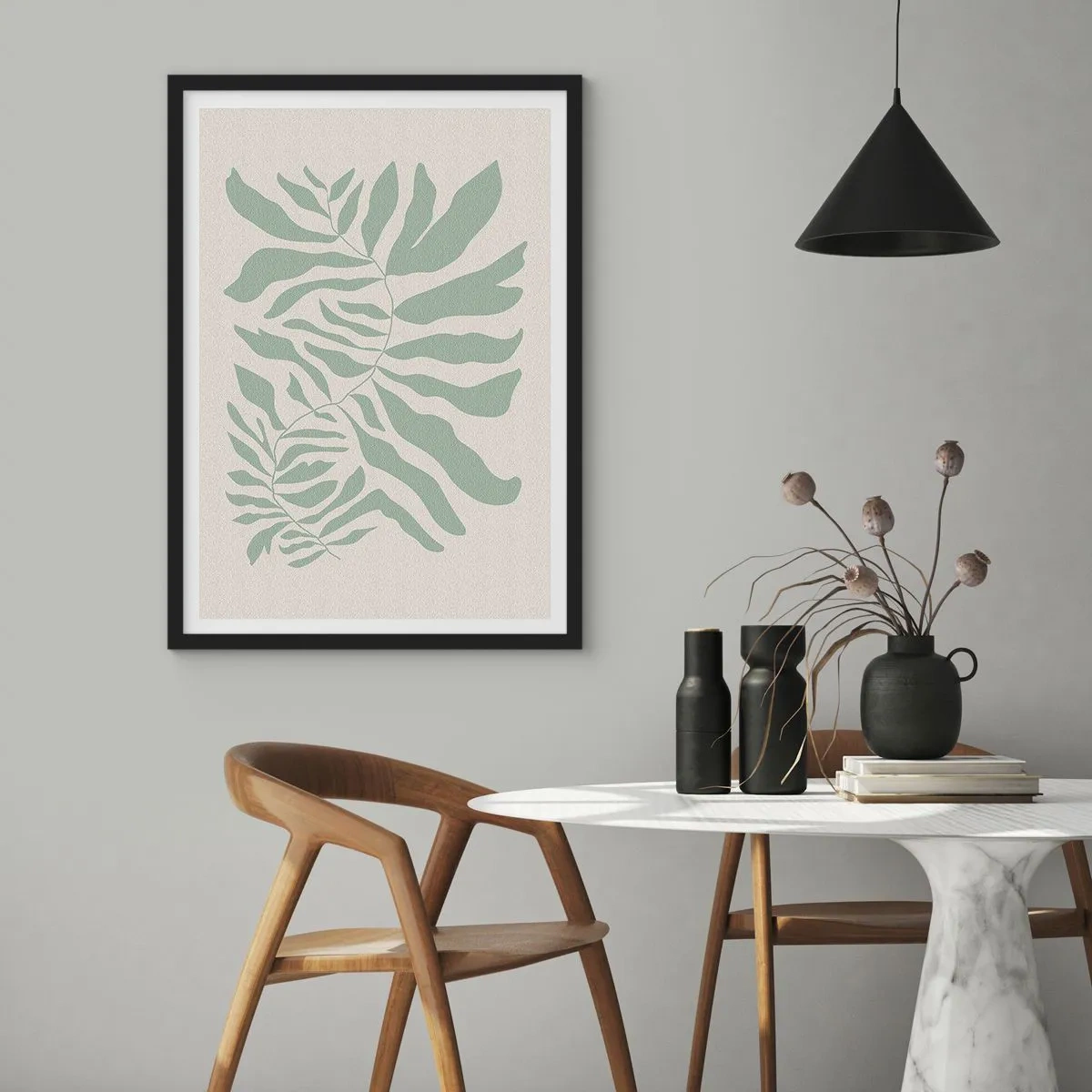 Poster in cornice nera - Un'illustrazione minimalista di una pianta nei toni del verde - 50x70cm - Ramo smeraldo - Decorazione murale moderna per soggiorno e camera da letto ARTTOR