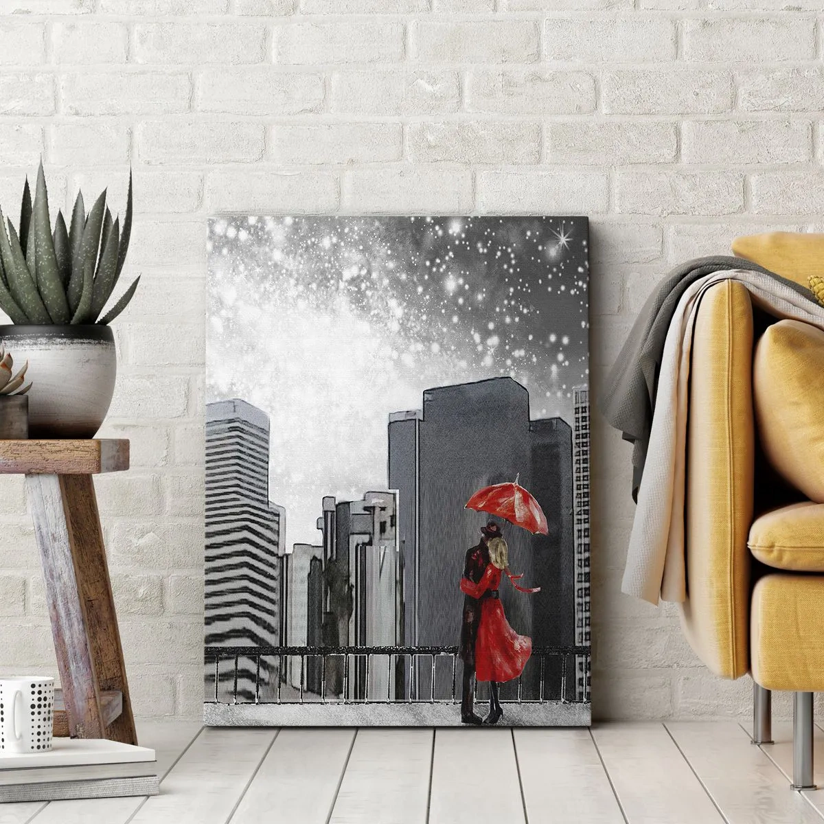 Quadro su tela - Stampe su Tela - Una coppia vestita di rosso con un ombrello sullo sfondo di un paesaggio urbano - 70x100cm - L'uomo non è di pietra - Decorazione murale moderna per soggiorno e camera da letto ARTTOR