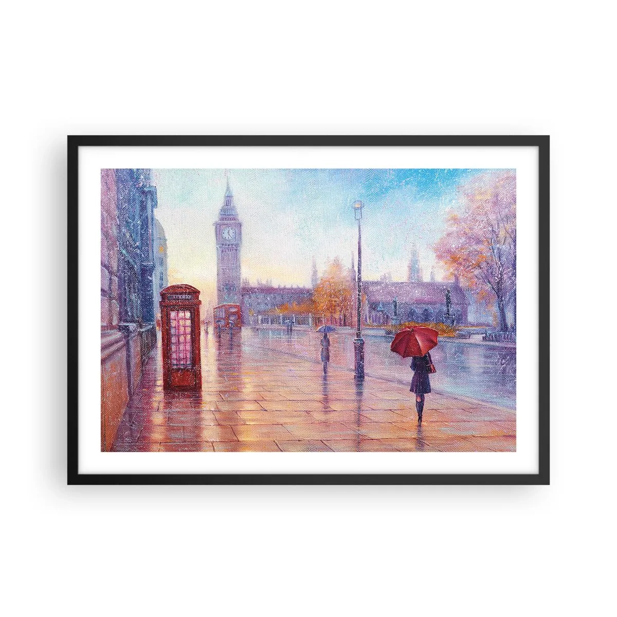 Poster in cornice nera - Strada di Londra con il Big Ben in una giornata piovosa - 70x50cm - Giorno d'autunno a Londra - Decorazione murale moderna per soggiorno e camera da letto ARTTOR