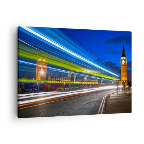 Quadro su tela - Stampe su Tela - Big Ben di notte con l'effetto delle luci nel traffico stradale - 70x50cm - Sotto lo sguardo del Big Ben - Decorazione murale moderna per soggiorno e camera da letto ARTTOR