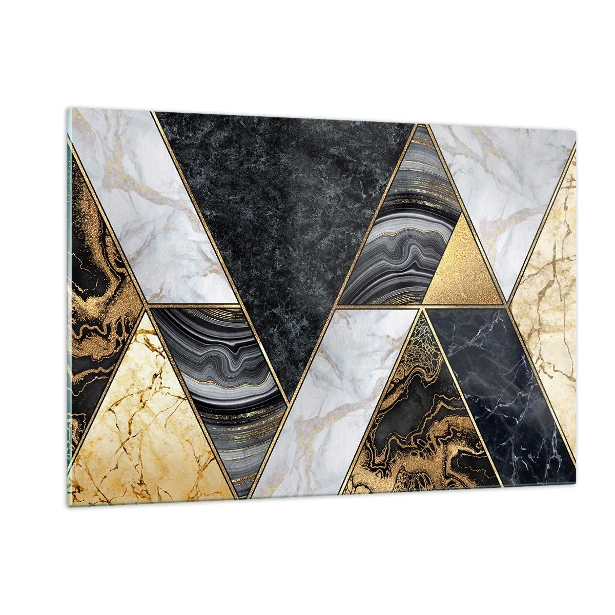 Quadro su vetro - Motivo geometrico di triangoli di marmo e oro - 120x80cm - Pietra su pietra - Decorazione murale moderna per soggiorno e camera da letto ARTTOR