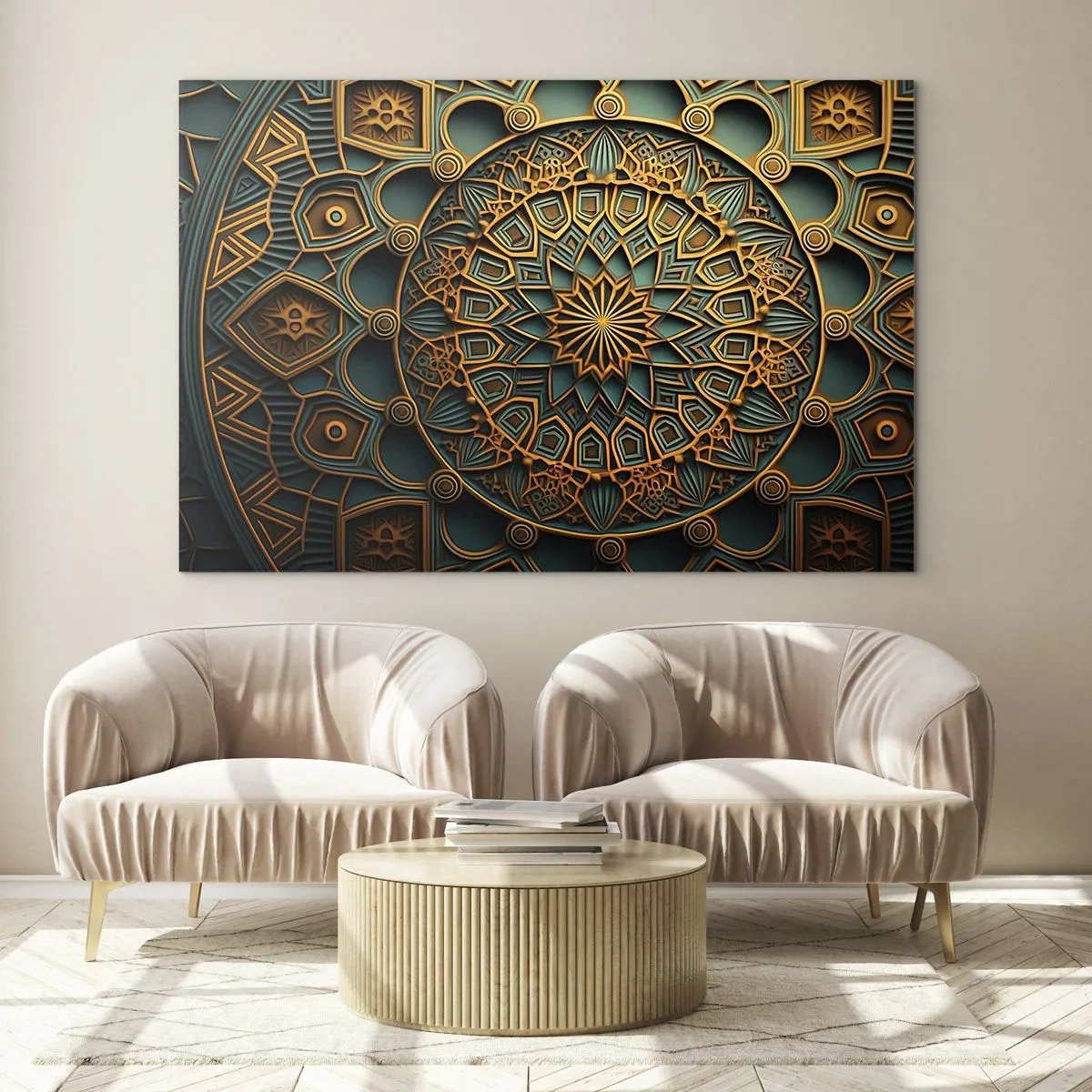 Quadro su vetro - Ornamento in oro e turchese nello stile di un mosaico arabo - 70x50cm - Atmosfera araba - Decorazione murale moderna per soggiorno e camera da letto ARTTOR