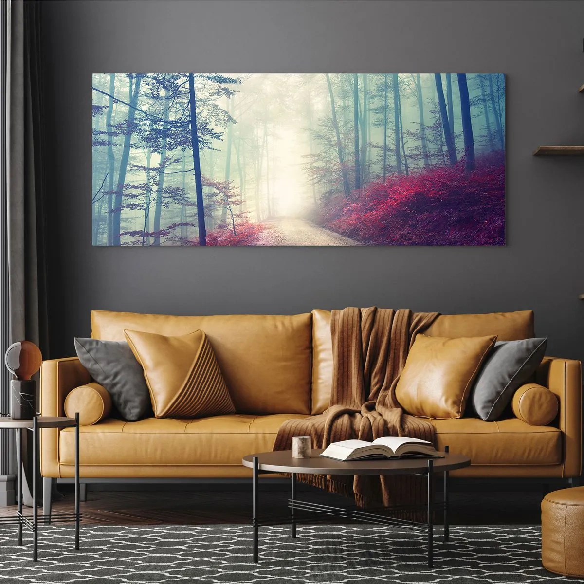 Quadro su vetro - Un magico sentiero nel bosco circondato da alberi e nebbia - 140x50cm - Come è bello alzarsi all'alba - Decorazione murale moderna per soggiorno e camera da letto ARTTOR