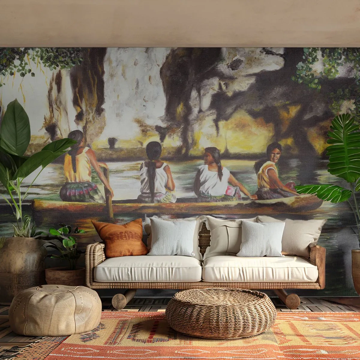 Fotomurali Premium Sand - Donne su una barca che galleggia su un fiume tra rocce e vegetazione - 100x70cm - Nel paradiso della Polinesia - Decorazione murale moderna per soggiorno e camera da letto ARTTOR