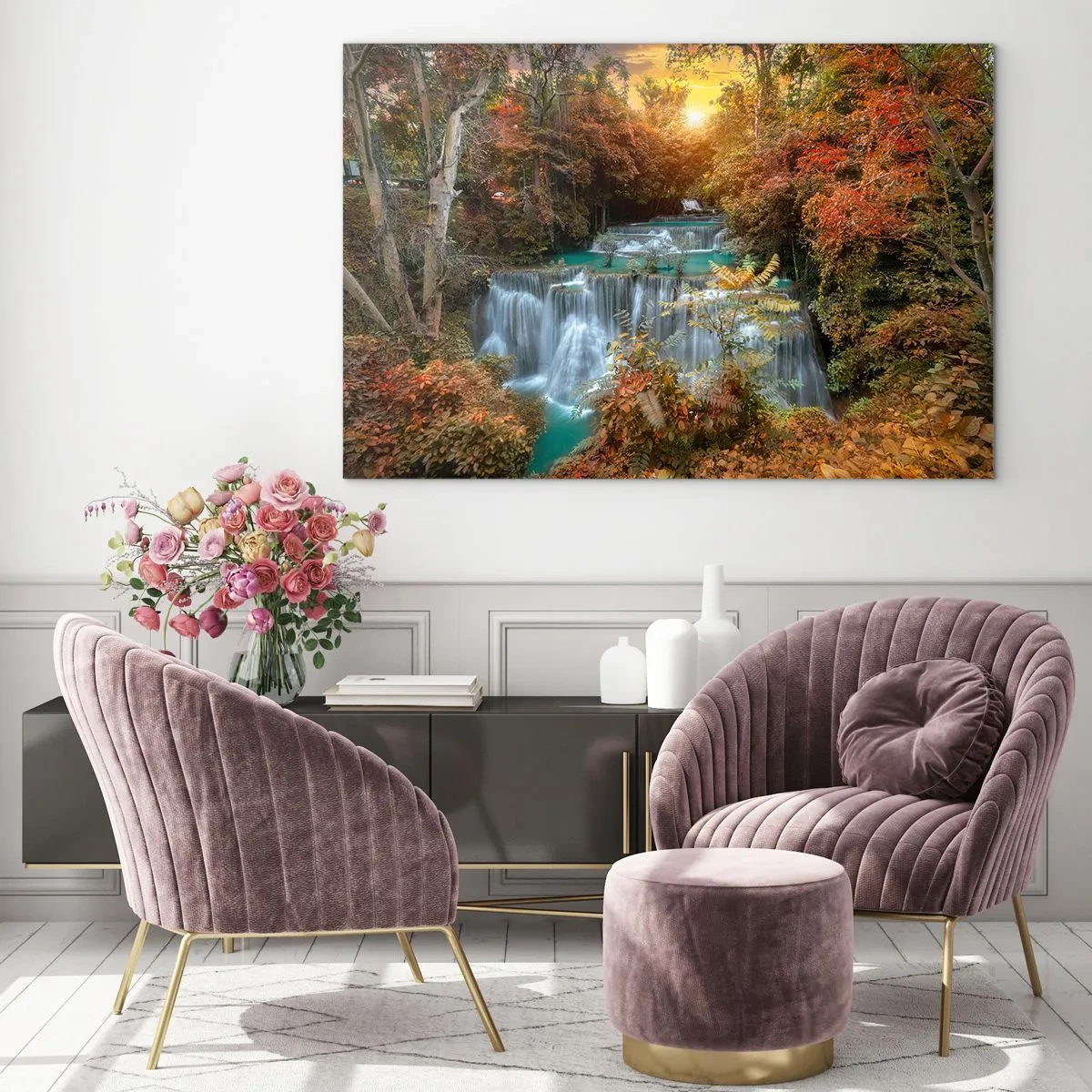 Quadro su vetro - Una pittoresca cascata circondata da una foresta autunnale al tramonto - 100x70cm - Il tesoro nascosto nel bosco - Decorazione murale moderna per soggiorno e camera da letto ARTTOR